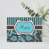 Aqua, bruin, White Striped Damask Reply Card RSVP Kaartje (Staand voorkant)