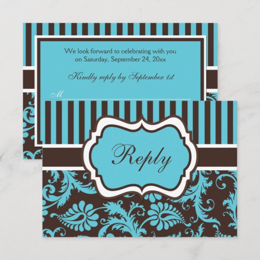 Aqua, bruin, White Striped Damask Reply Card RSVP Kaartje (Voorkant / Achterkant)