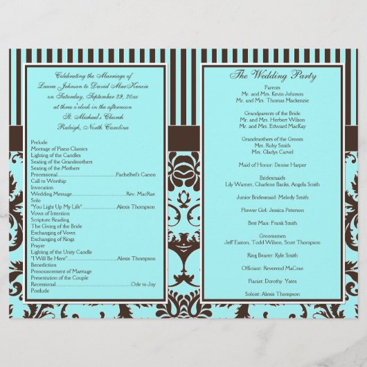 Aqua, Bruin, White Striped Damask Wedding Programm (Achterkant)