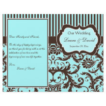 Aqua, Bruin, White Striped Damask Wedding Programm