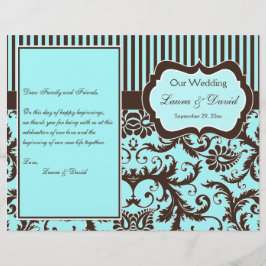 Aqua, Bruin, White Striped Damask Wedding Programm