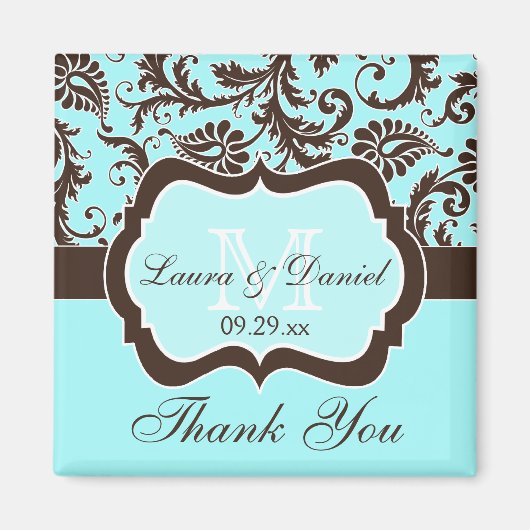 Aqua, Bruin, Wit Bloemen Bruiloft Favor Magnet (Voorkant)