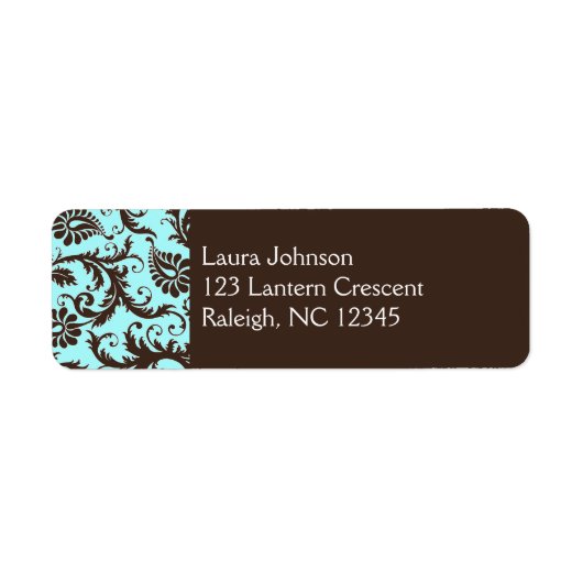 Aqua, Bruin, Wit Damask Terugkeeradresetiket Etiket (Voorkant)