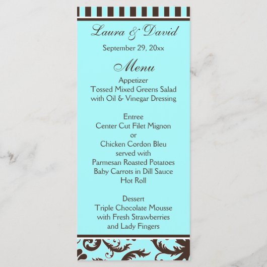 Aqua, Bruin, Wit Gestreept Damast Menu Kaart (Achterkant)