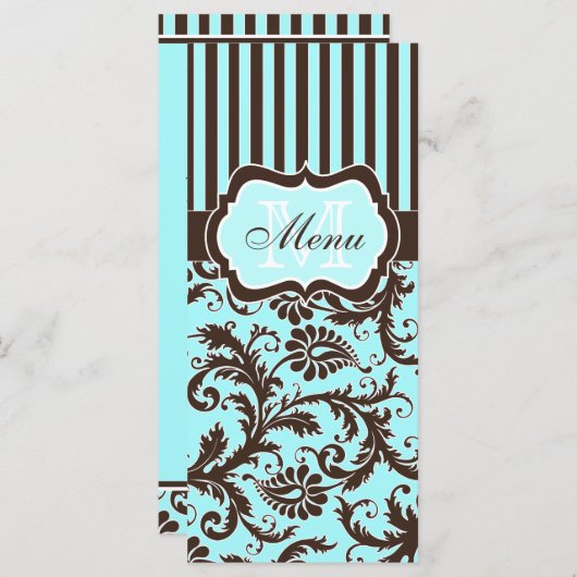 Aqua, Bruin, Wit Gestreept Damast Menu Kaart (Voorkant / Achterkant)