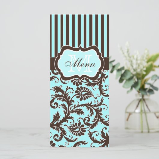 Aqua, Bruin, Wit Gestreept Damast Menu Kaart (Staand voorkant)