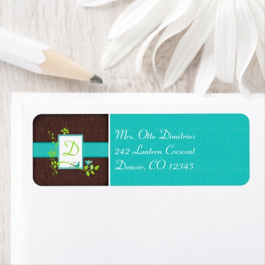 Aqua, Bruin, Wit, Groen Monogram Adresetiket Etiket (Insitu)