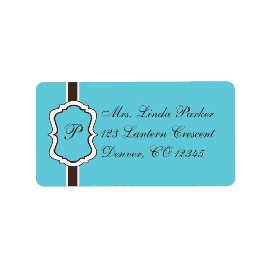 Aqua, Bruin, Wit Monogrammed Adresetiket Etiket (Voorkant)