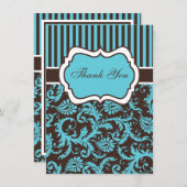 Aqua, Bruin, Witte Damask Hartelijk dank Bedankkaart (Voorkant / Achterkant)