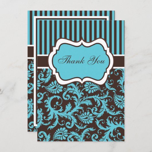 Aqua, Bruin, Witte Damask Hartelijk dank Bedankkaart (Voorkant / Achterkant)