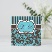 Aqua, bruin, witte gestreept Damask Wedding Invite Kaart (Staand voorkant)