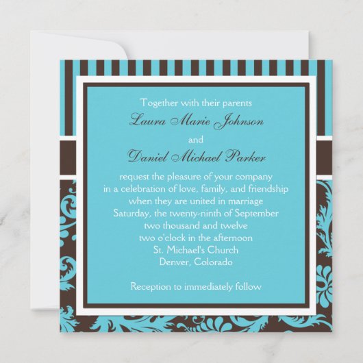 Aqua, bruin, witte gestreept Damask Wedding Invite Kaart (Achterkant)