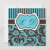 Aqua, bruin, witte gestreept Damask Wedding Invite Kaart (Voorkant)