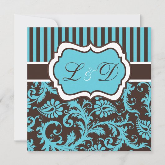 Aqua, bruin, witte gestreept Damask Wedding Invite Kaart (Voorkant)