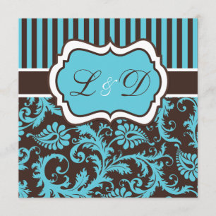 Aqua, bruin, witte gestreept Damask Wedding Invite Kaart