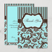 Aqua, Bruin, Witte Striped Damask Hartelijk dank Bedankkaart (Voorkant / Achterkant)