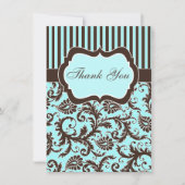 Aqua, Bruin, Witte Striped Damask Hartelijk dank Bedankkaart (Voorkant)