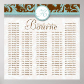 Aqua Bruine Monogram Damast Zitplaatskaart Poster (Voorkant)