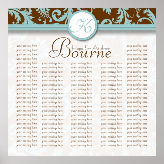 Aqua Bruine Monogram Damast Zitplaatskaart  Poster (Voorkant)