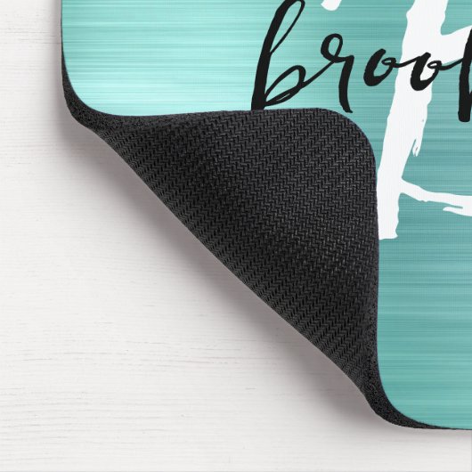 Aqua Brushed Metal Black White Script Monogram  Muismat (Hoek)