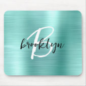 Aqua Brushed Metal Black White Script Monogram Muismat (Voorkant)