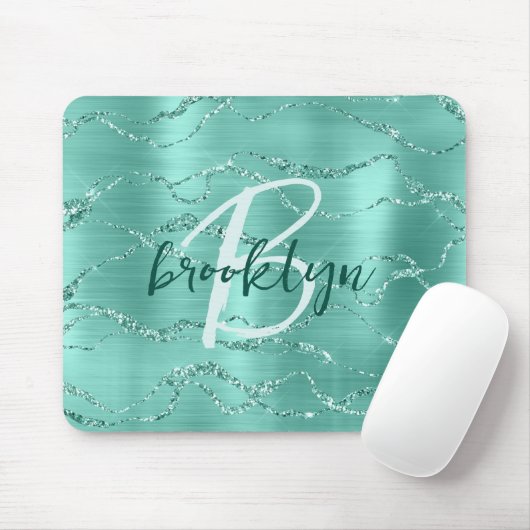 Aqua Brushed Metal Glitter Script Monogram Muismat (Met muis)