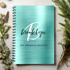 Aqua Brushed Metal Monogram Recipe Book Notitieboek