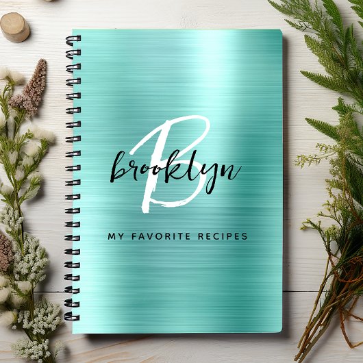 Aqua Brushed Metal Monogram Recipe Book Notitieboek