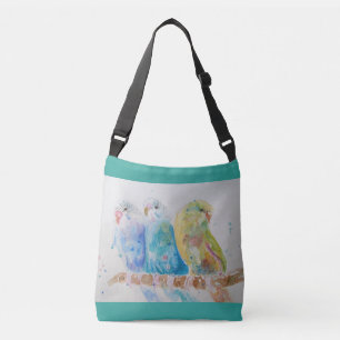 Aqua Budgie Birds Branch Waterverf Crossbody Bag Crossbody Tas