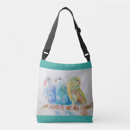 Aqua Budgie Birds Branch Waterverf Crossbody Bag Tas