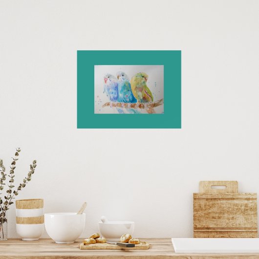 Aqua Budgie is schattig Waterverf Poster (Keuken)