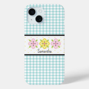 Aqua Buffalo Check geruite Gingham Monogram iPhone 15 Case