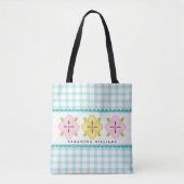 Aqua Buffalo Cheques Plaid Gingham Monogrammed Tote Bag (Voorkant)