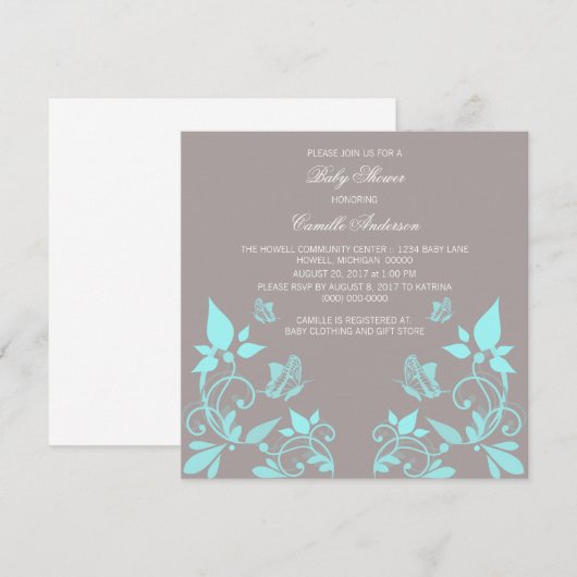 Aqua Butterfly Floral Baby shower Invite Kaart (Voorkant / Achterkant)