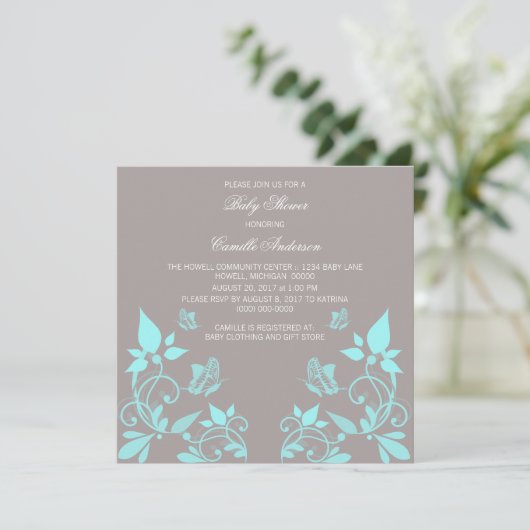 Aqua Butterfly Floral Baby shower Invite Kaart (Staand voorkant)