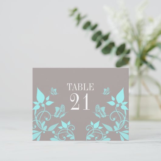 Aqua Butterfly Floral Table Number Briefkaart (Staand voorkant)