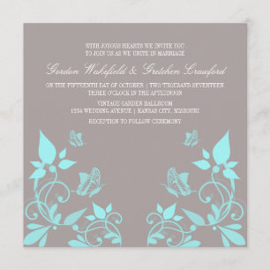 Aqua Butterfly Floral Wedding Invite Kaart