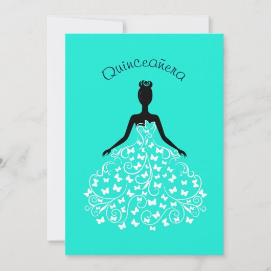 Aqua Butterfly Quinceanera Ball Gown Uitnodiging (Voorkant)