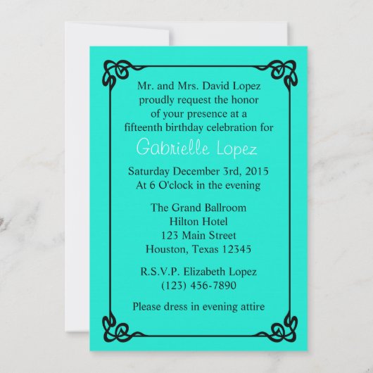 Aqua Butterfly Quinceanera Ball Gown Uitnodiging (Achterkant)