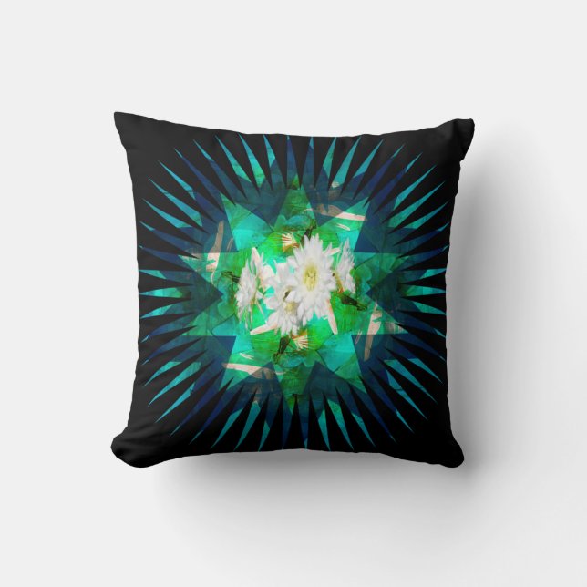 Aqua Cactus Flower Kaleidoscope Effect Kussen (Voorkant)