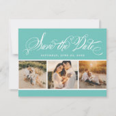 Aqua Calligraphy Script Weduwfoto Collage Save The Date (Voorkant)