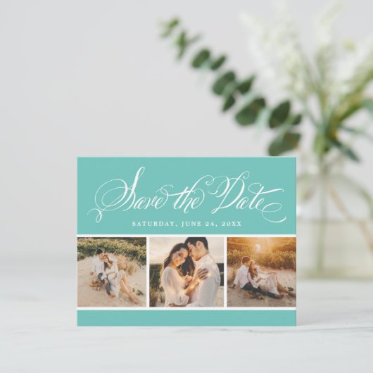 Aqua Calligraphy Script Weduwfoto Collage Save The Date (Staand voorkant)