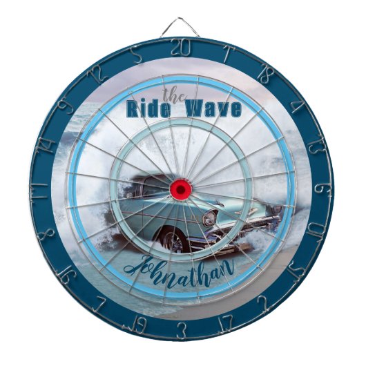 Aqua Car op het strand "Ride the Wave" Quote Dartbord (Voorkant)