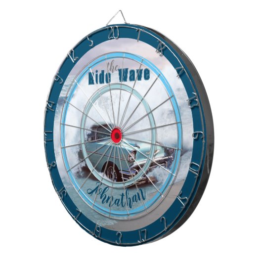  Aqua Car op het strand "Ride the Wave" Quote Dartbord (Voorkant Rechts)
