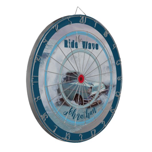 Aqua Car op het strand "Ride the Wave" Quote Dartbord (Voorkant Links)