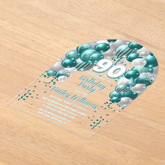 Aqua Celebration Balloons 90ste verjaardagsfeest Acryl Uitnodigingen (Laagn)