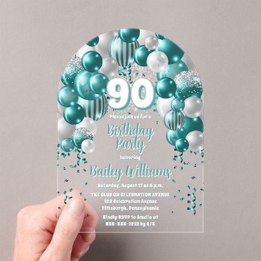 Aqua Celebration Balloons 90ste verjaardagsfeest Acryl Uitnodigingen (Insitu (Draagbaar))