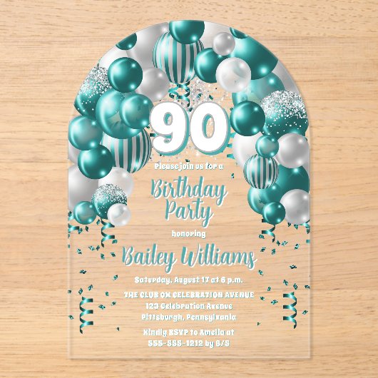 Aqua Celebration Balloons 90ste verjaardagsfeest Acryl Uitnodigingen (Voorkant)