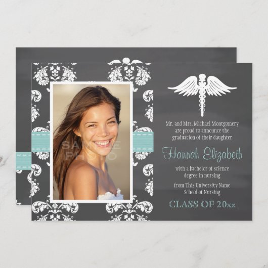 Aqua Chalkboard Nursing School Afstuderen Kaart (Voorkant / Achterkant)