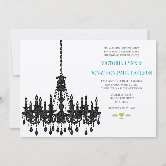 Aqua Chandelier Wedding Invitations Roaring 20 Kaart (Voorkant)